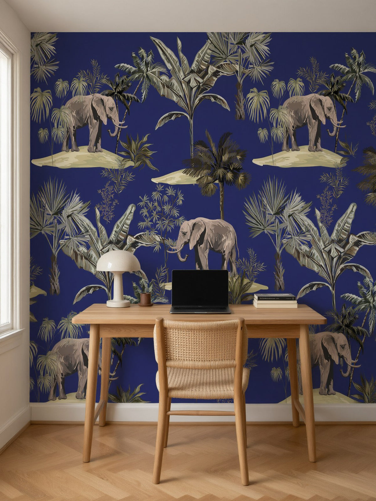 Papier peint panoramique Éléphants et palmiers posé au mur, vue 2