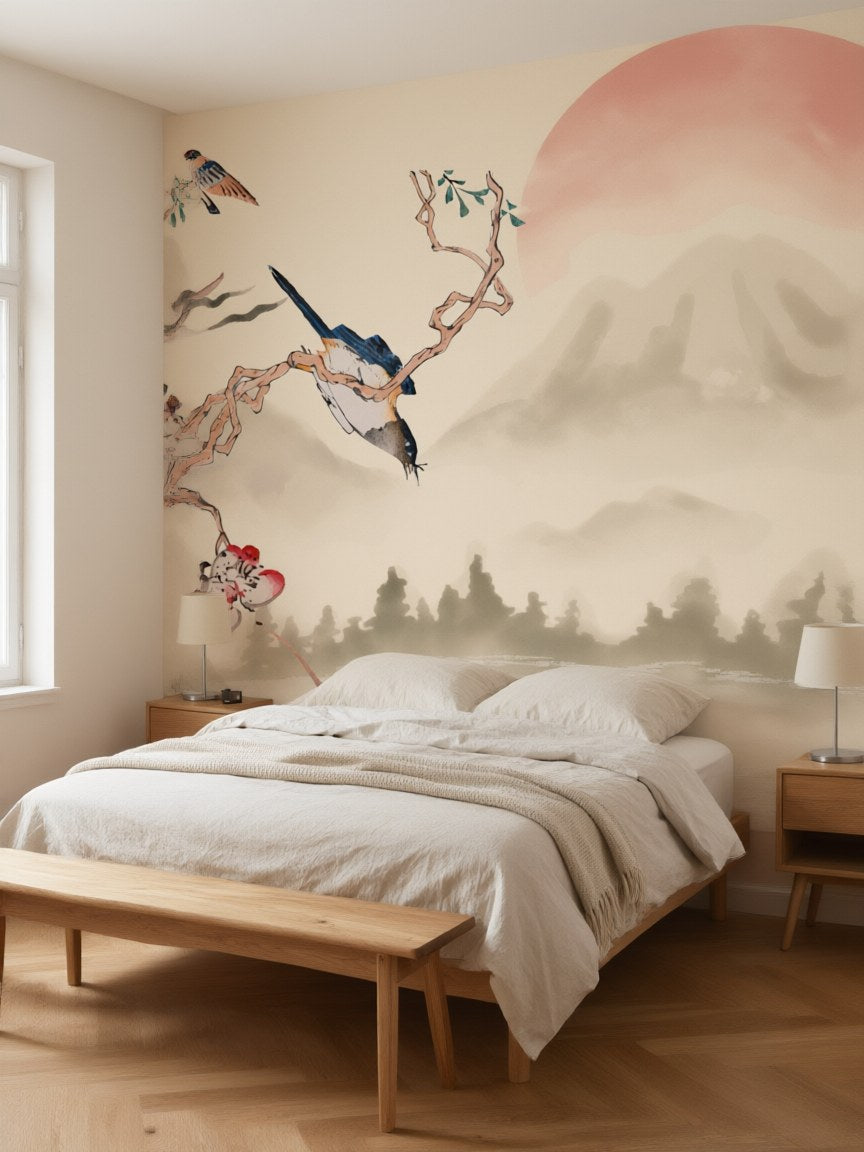 Papier peint panoramique estampe chinoise au soleil levant posé dans une chambre