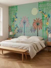 Papier peint panoramique Oasis de palmiers posé dans une chambre
