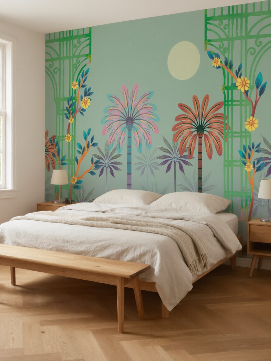 Papier peint panoramique Oasis de palmiers posé dans une chambre