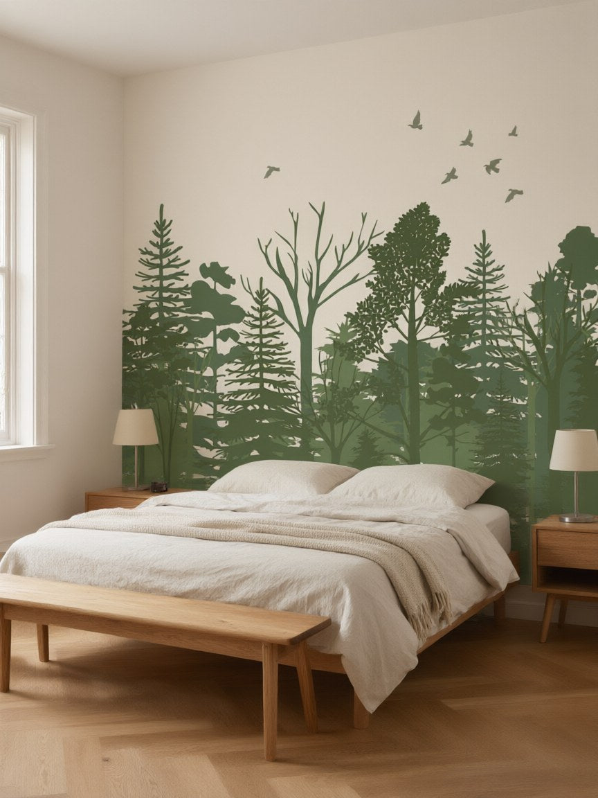 Papier peint panoramique Forêt en silhouettes posé au mur, vue 3
