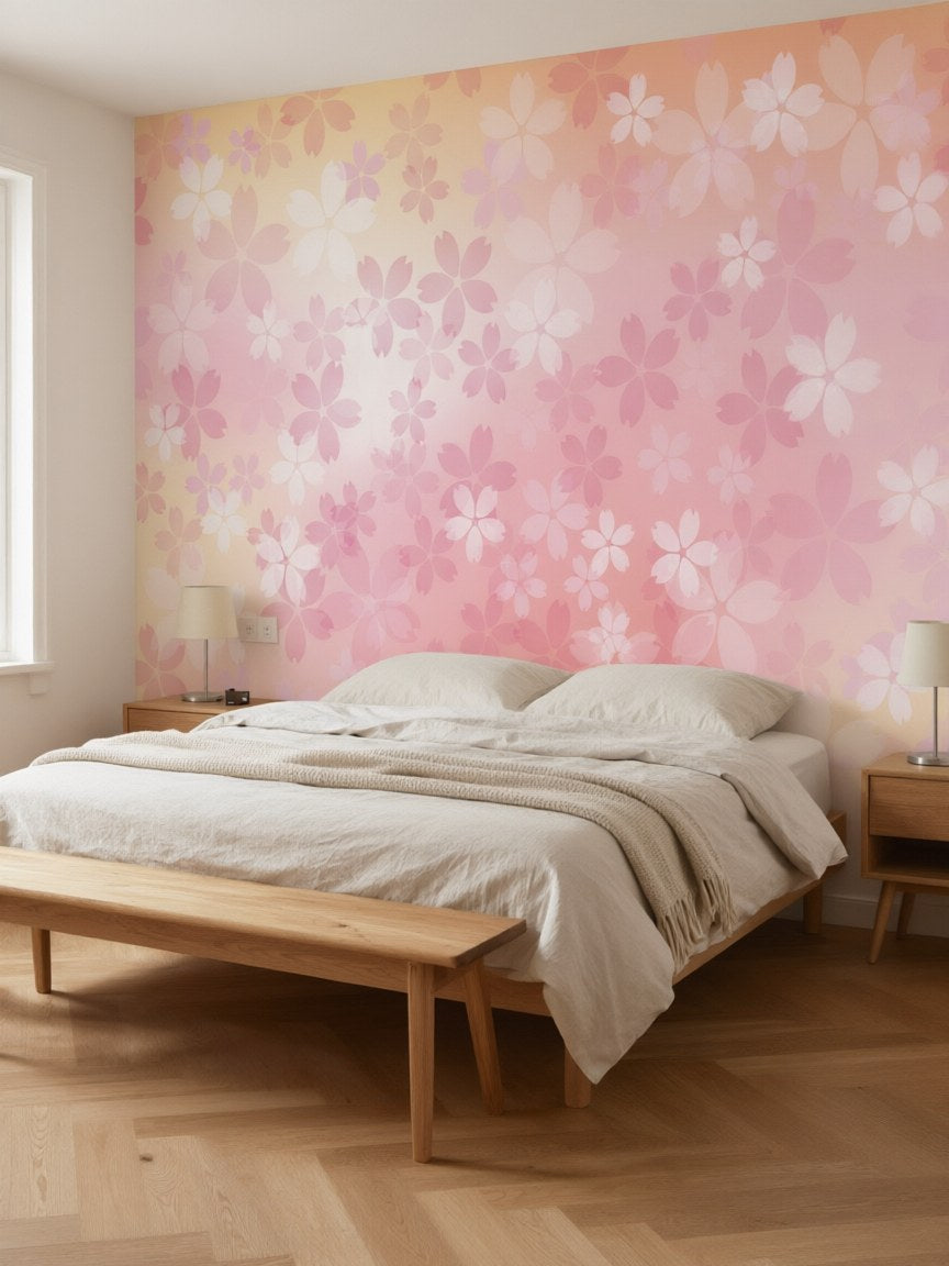 Papier peint panoramique Fleurs roses aquarelle posé au mur, vue 3