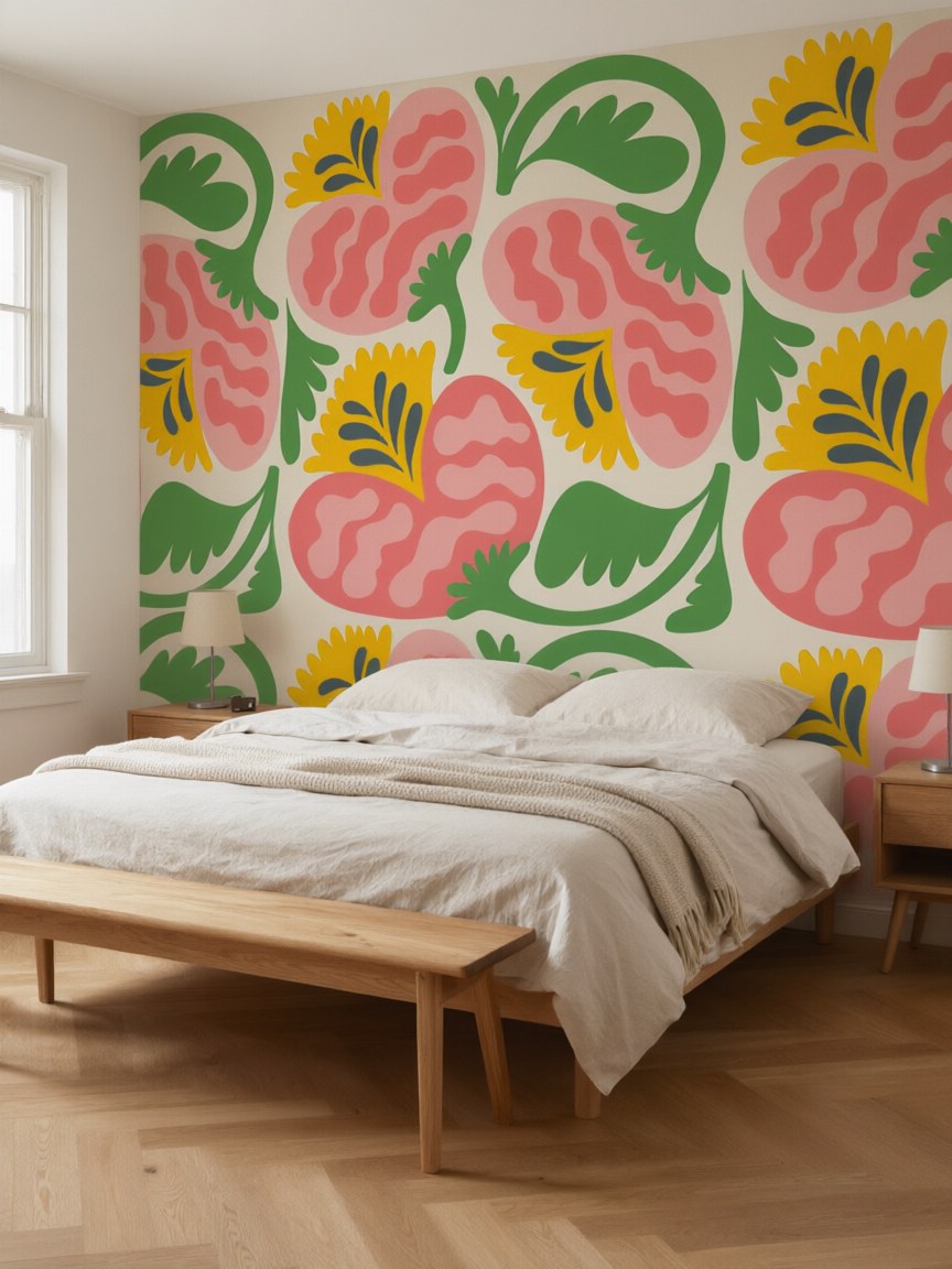 Papier peint panoramique Fleurs graphiques posé au mur, vue 3