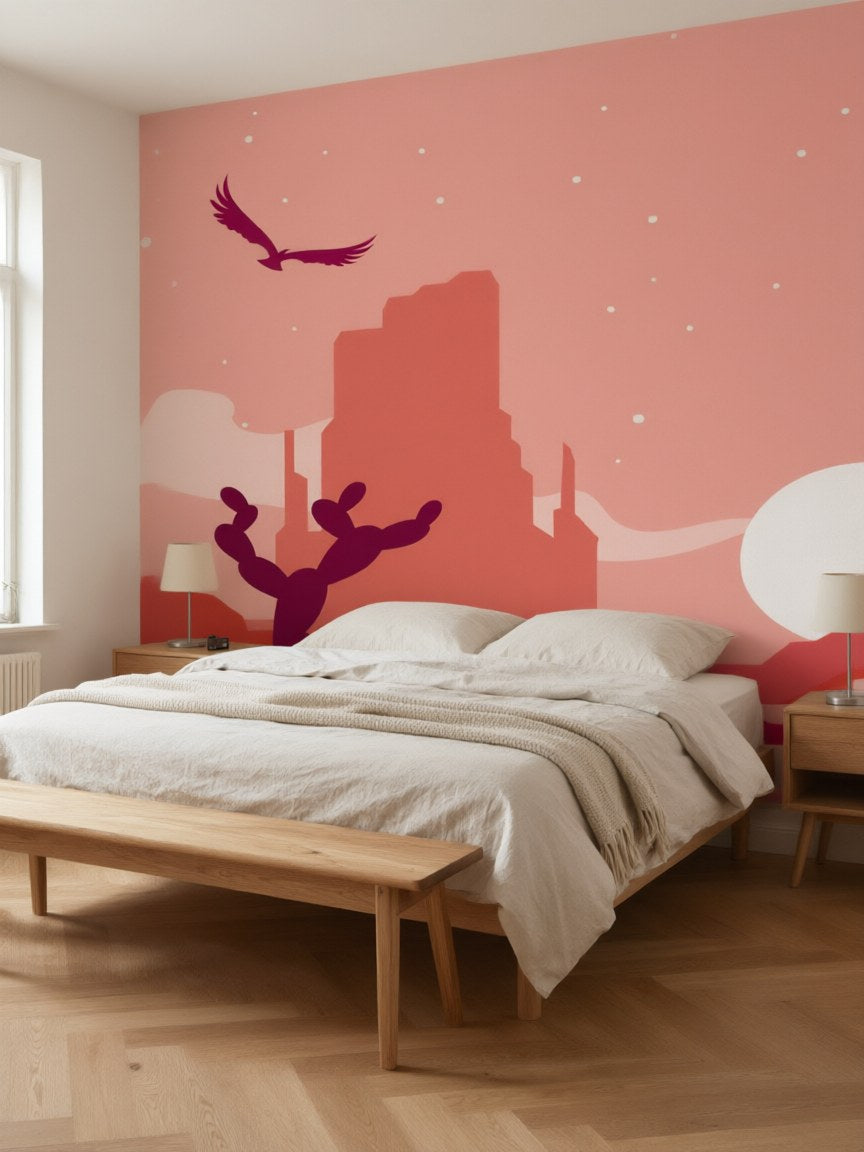 Papier peint panoramique désert rose posé au mur, vue 4