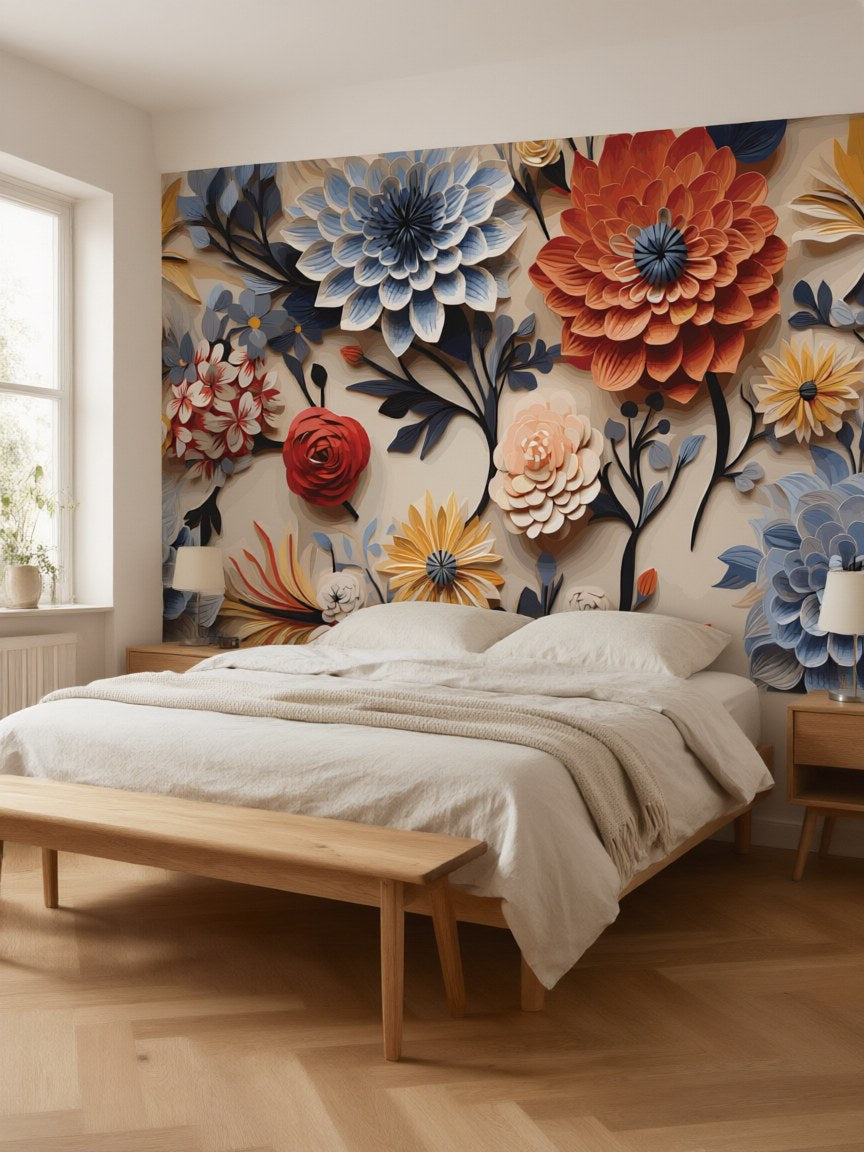 Papier peint panoramique Dahlias en relief posé au mur, vue 3