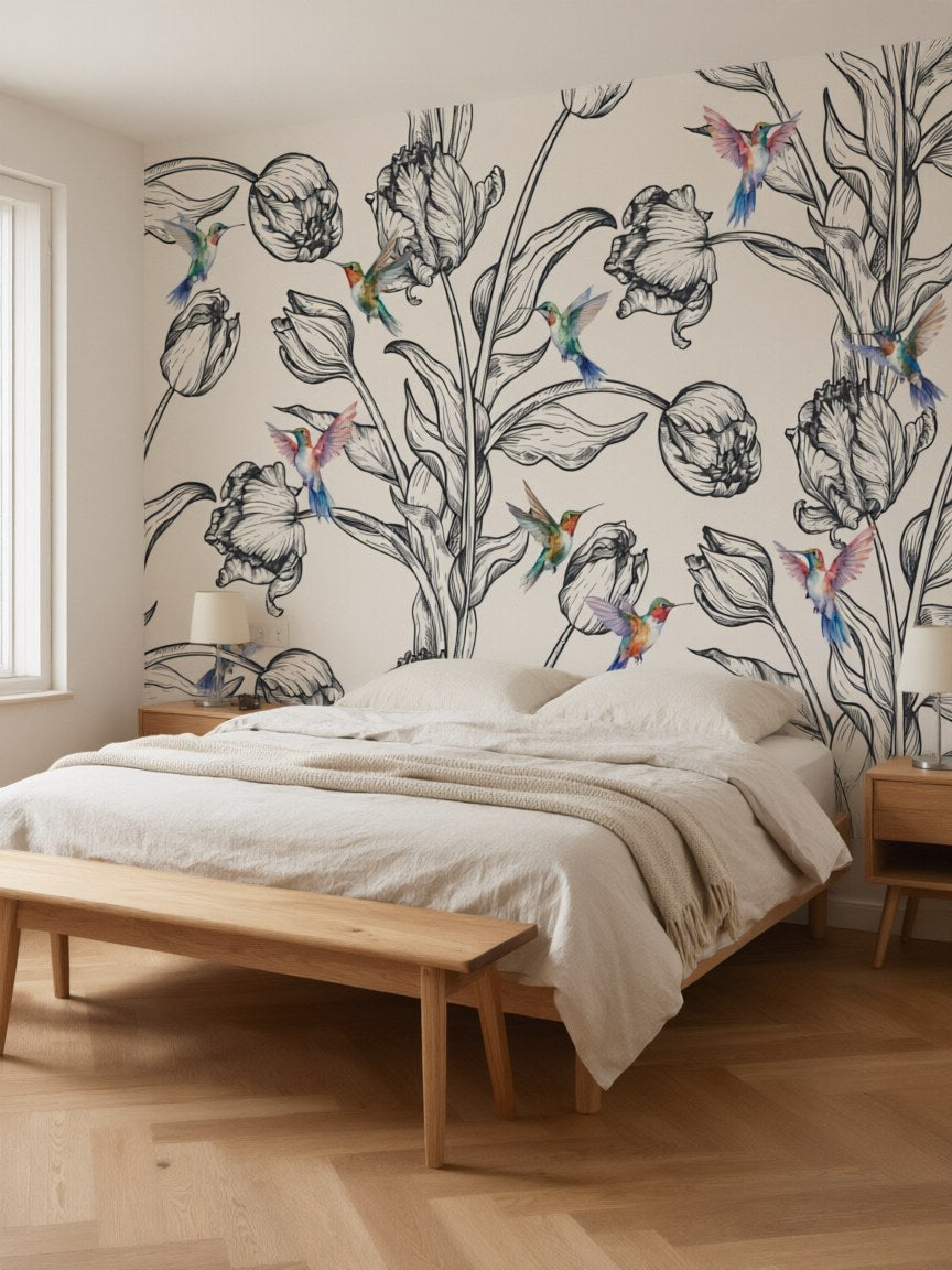 Papier peint panoramique Tulipes et colibris posé au mur, vue 3