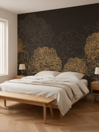 Papier peint panoramique Pivoines dorées posé au mur, vue 3