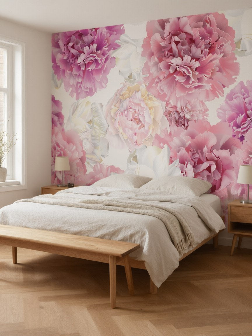Papier peint panoramique Pivoines posé au mur, vue 3