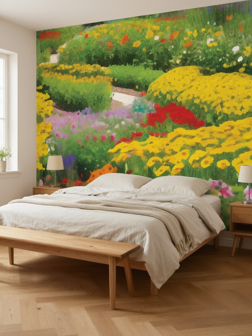 Papier peint panoramique Jardin fleuri posé au mur, vue 3