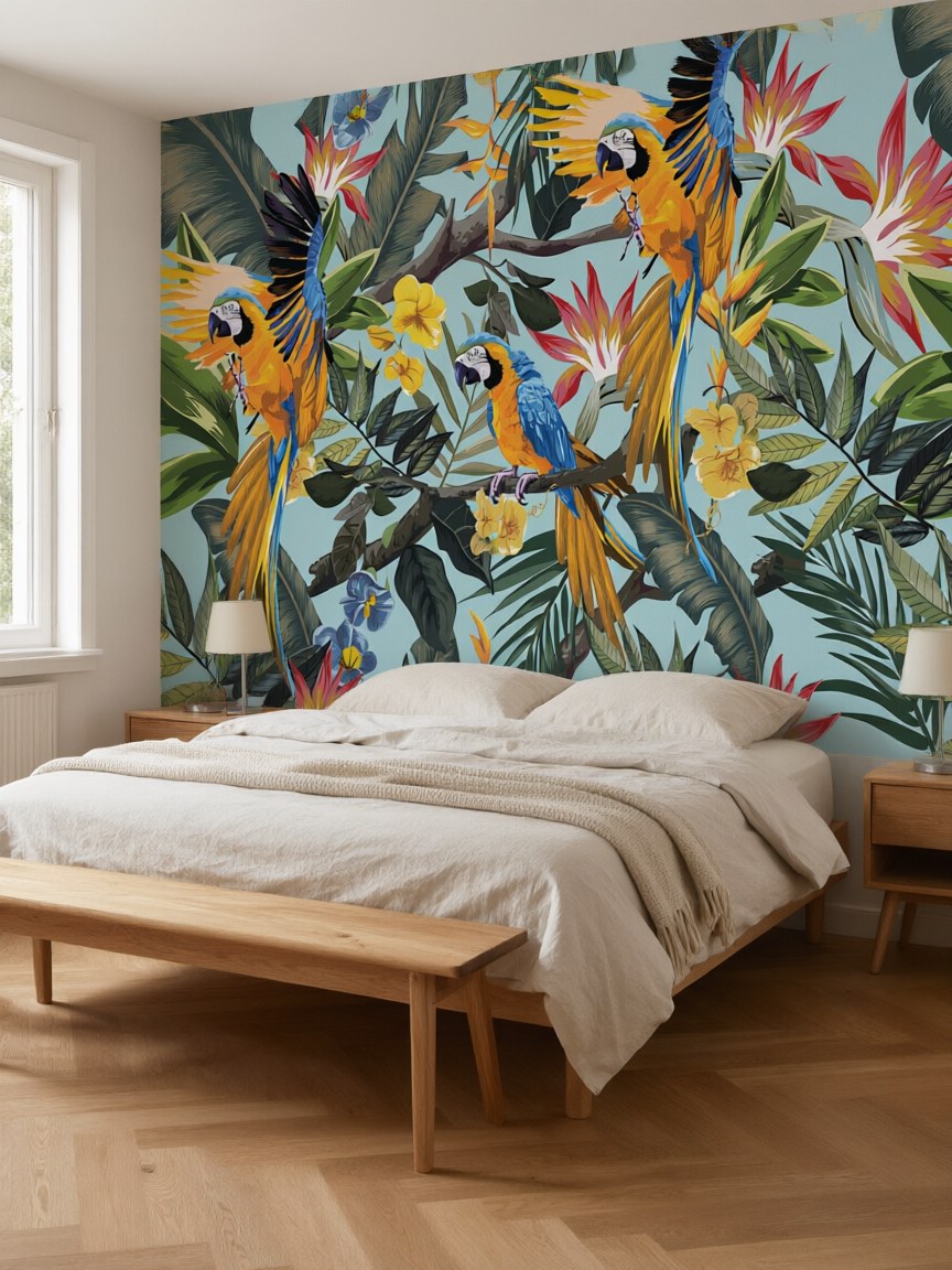 Papier peint panoramique Aras tropicaux posé au mur, vue 3