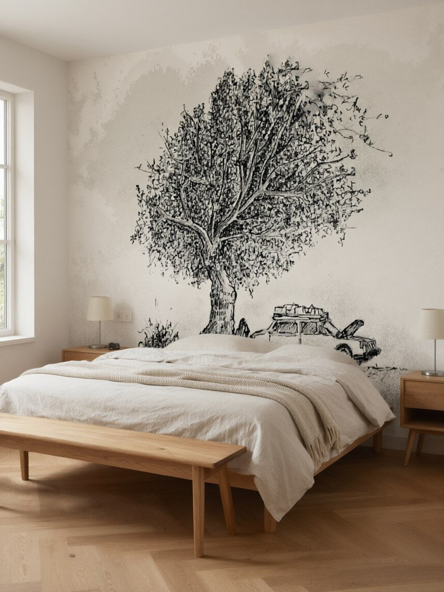 Papier peint panoramique Arbre et voiture ancienne posé au mur, vue 3
