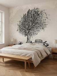 Papier peint panoramique Arbre et voiture ancienne posé au mur, vue 3