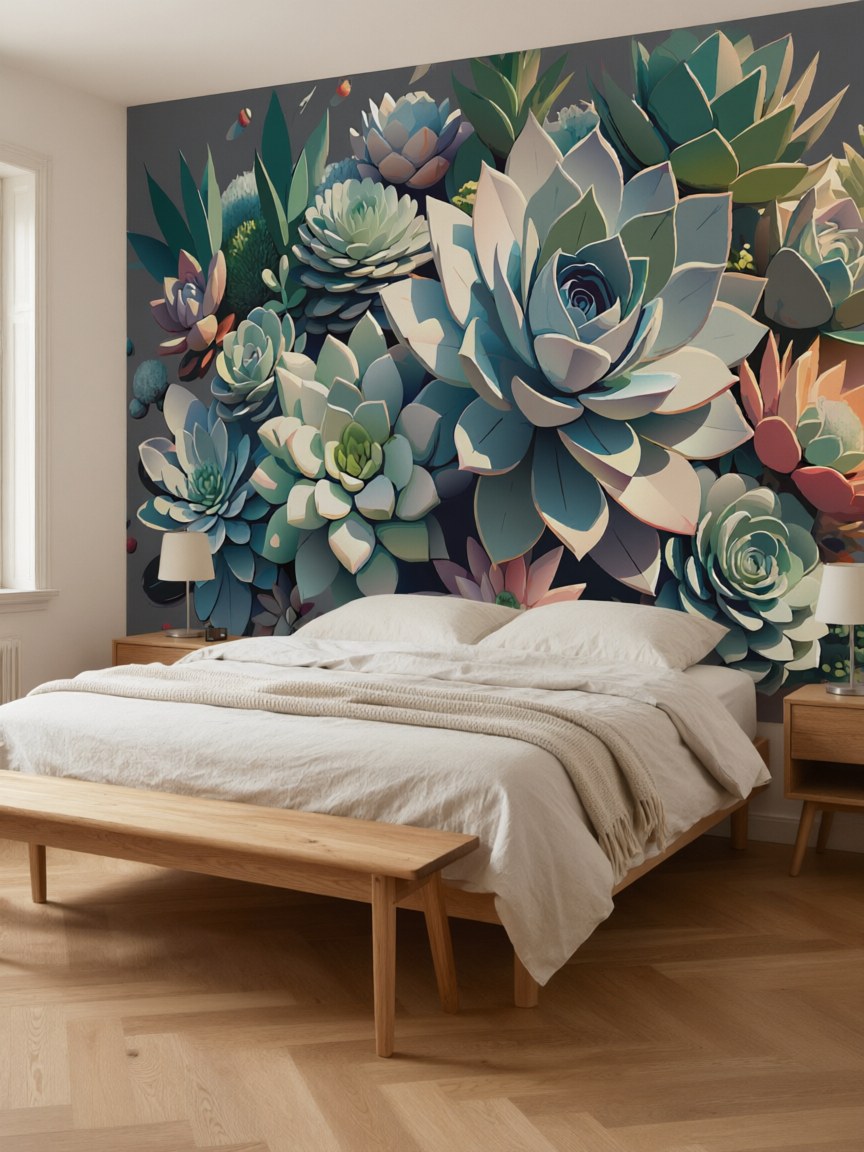 Papier peint panoramique Succulentes en relief posé au mur, vue 3
