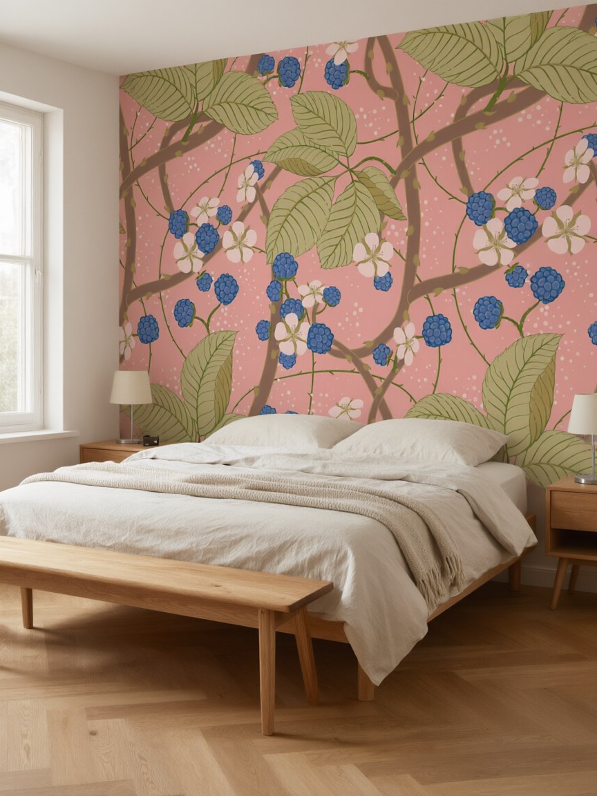 Papier peint panoramique Ronces et mûres posé dans une chambre
