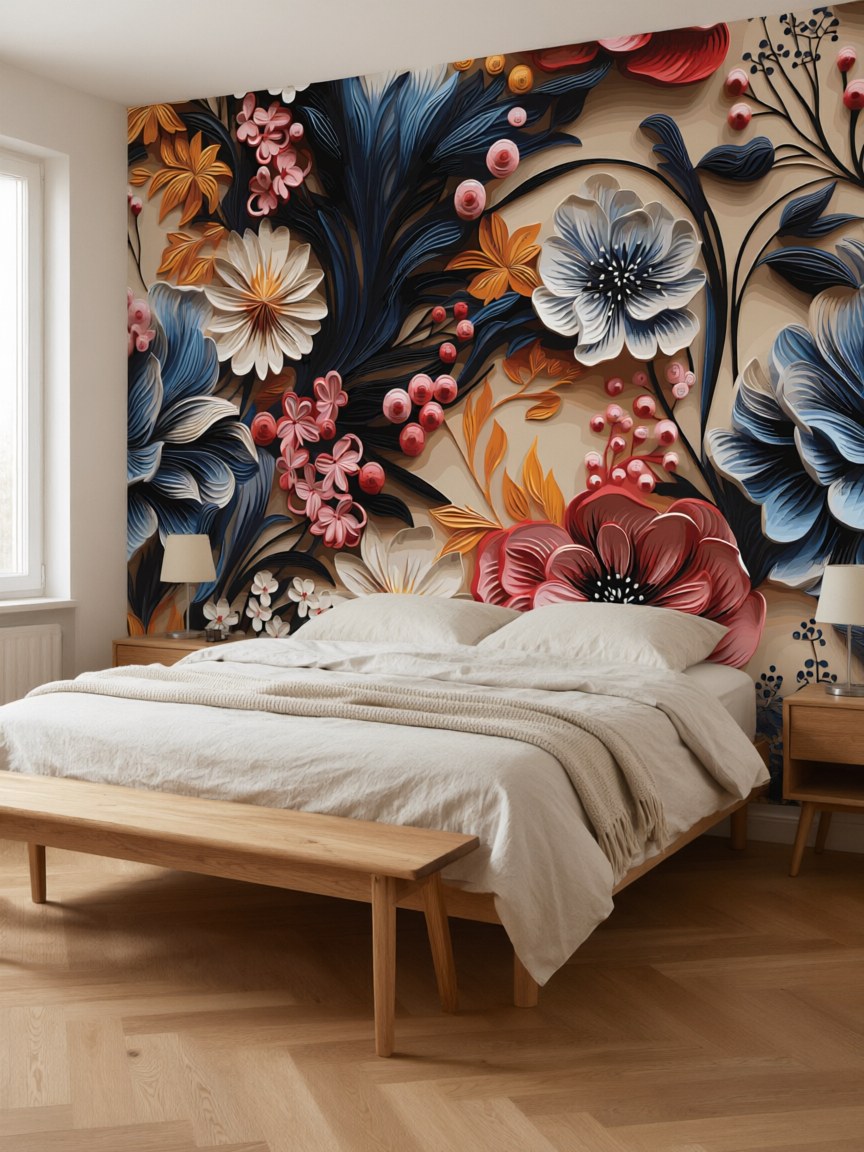 Papier peint panoramique Fleurs en relief posé au mur, vue 3