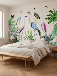 Papier peint panoramique Flamants et échassiers posé au mur, vue 3