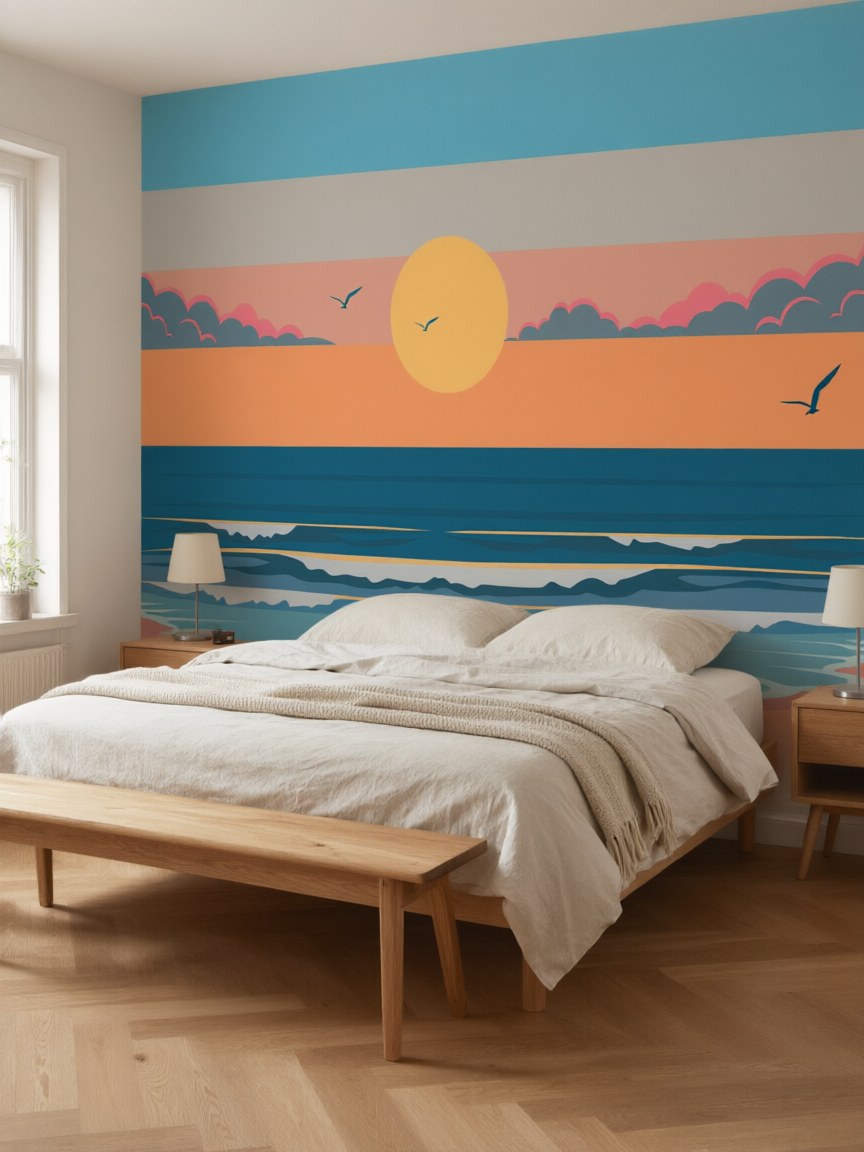 Papier peint panoramique Coucher de soleil sur la plage posé au mur, vue 3