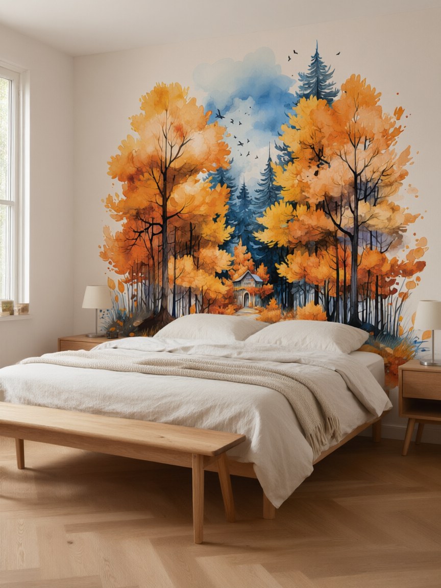 Papier peint panoramique Forêt d’automne aquarelle posé au mur, vue 3