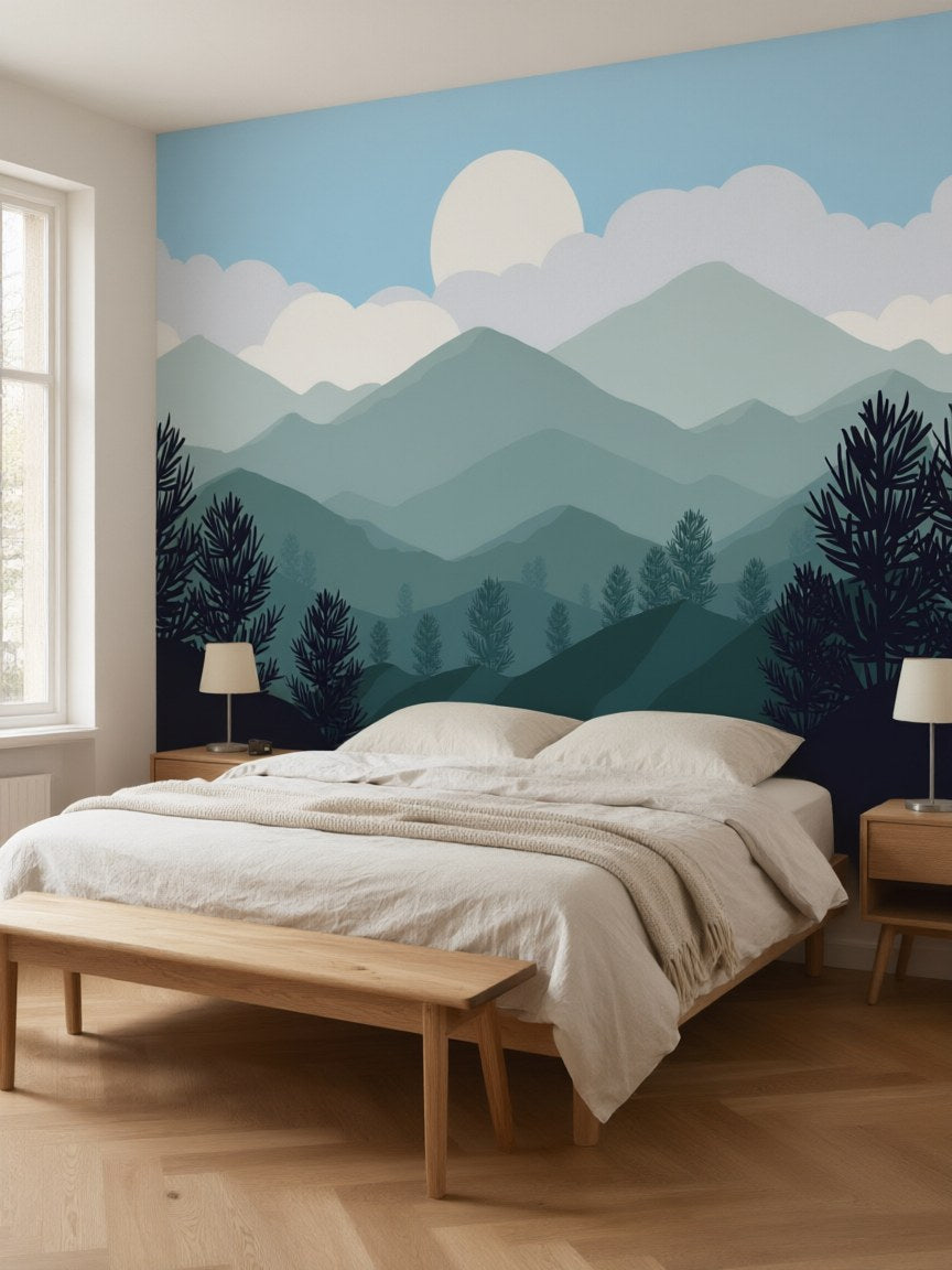 Papier peint panoramique Montagnes vertes posé au mur, vue 3