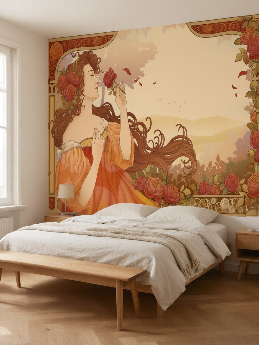 Papier peint panoramique Dame aux roses Art nouveau posé dans une chambre