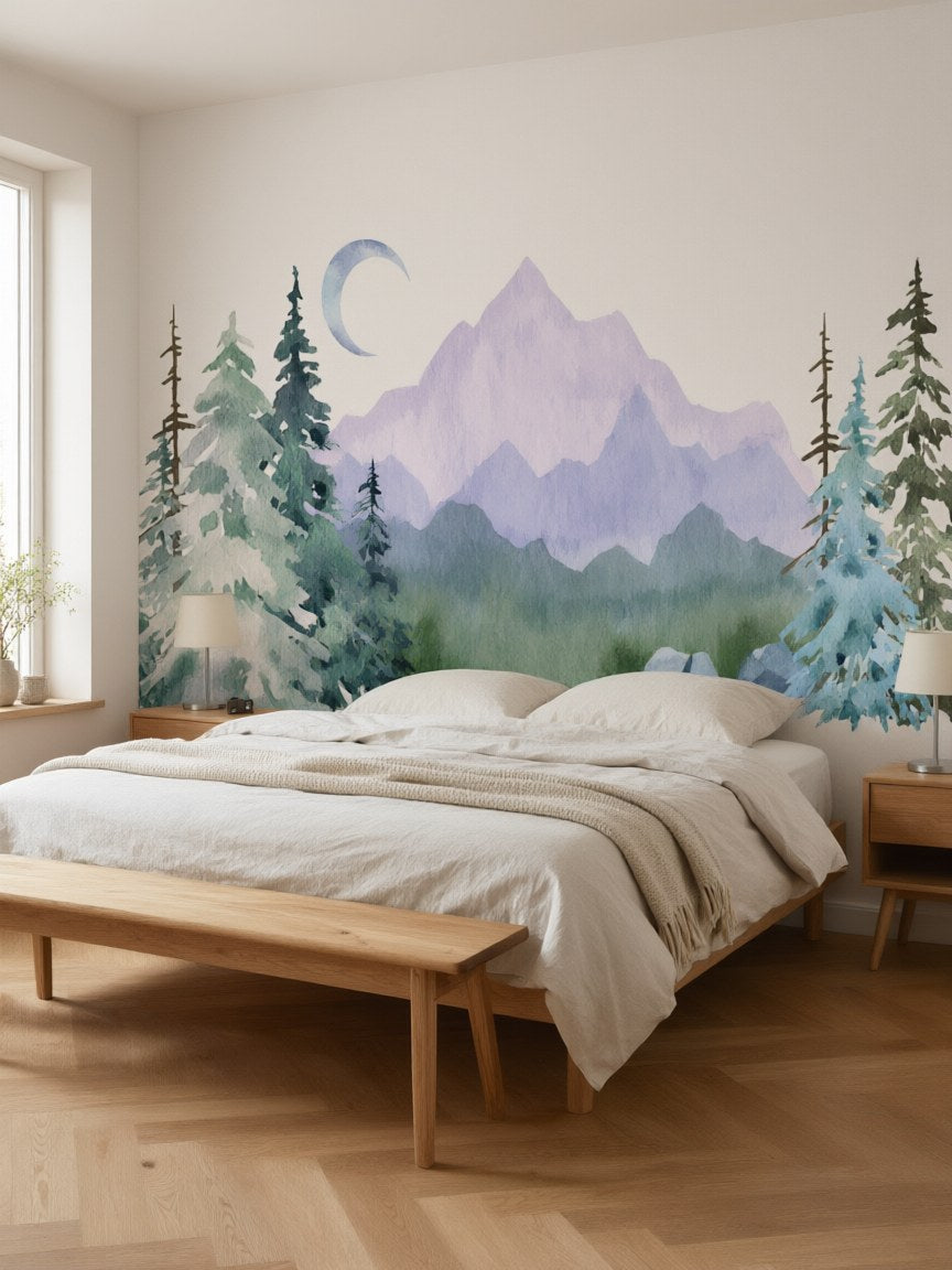Papier peint panoramique Montagne et sapins posé au mur, vue 3