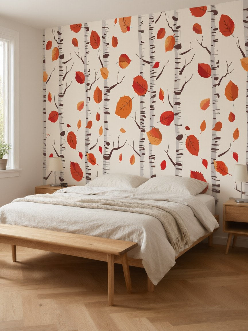 Papier peint panoramique Bouleaux d’automne posé au mur, vue 3