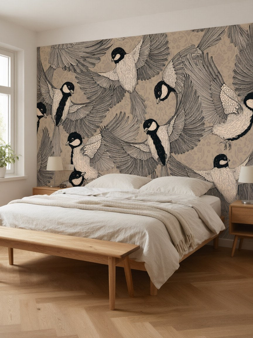 Papier peint panoramique Envol de mésanges posé dans une chambre