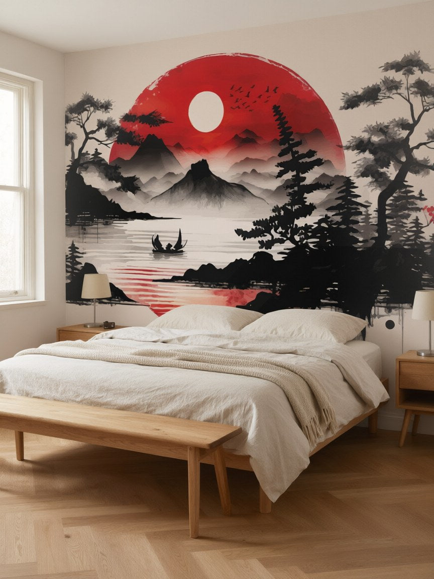 Papier peint panoramique Paysage japonais au soleil rouge posé dans une chambre