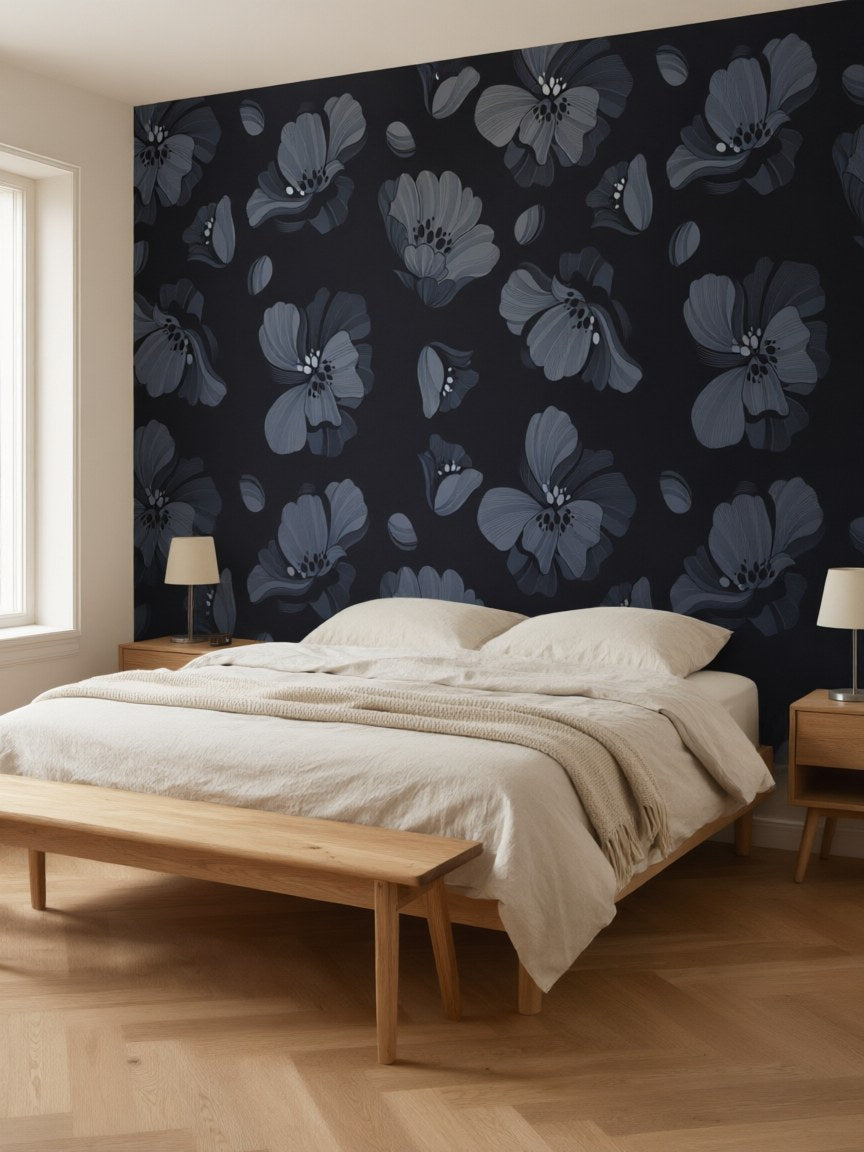 Papier peint panoramique Fleurs de nuit posé au mur, vue 3