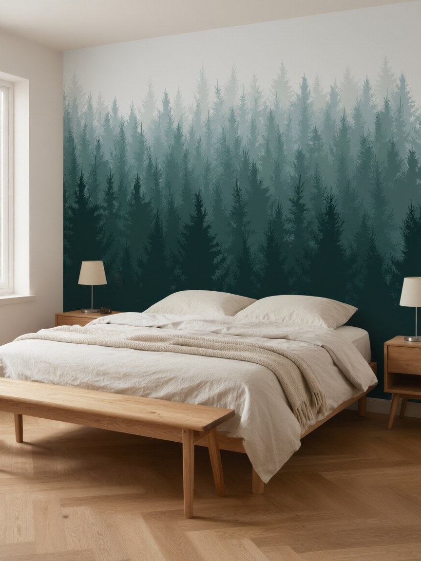 Papier peint panoramique Sapins dans la brume posé au mur, vue 3