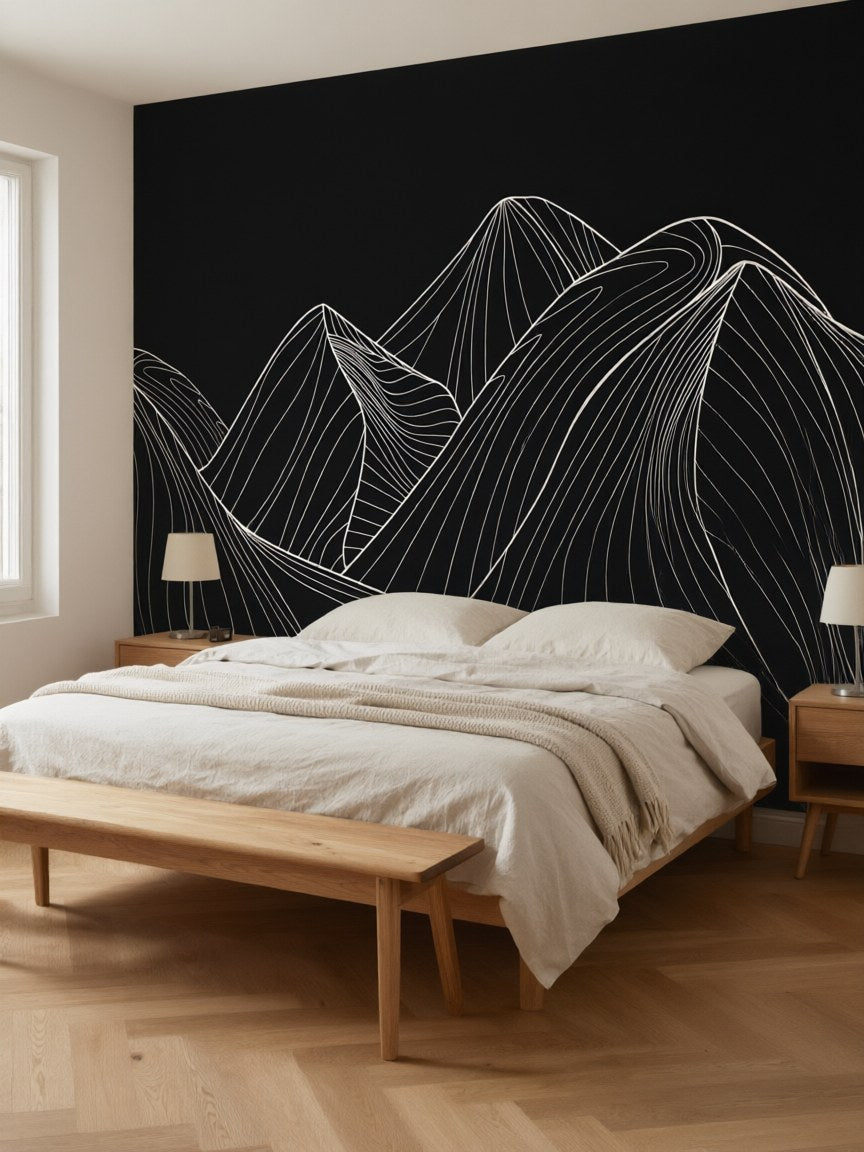 Papier peint panoramique Montagnes au trait posé dans une chambre