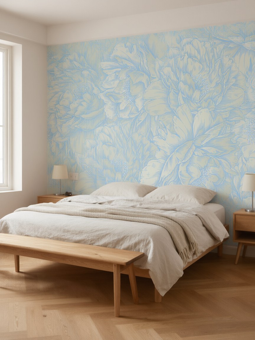 Papier peint panoramique Pivoines ton sur ton posé au mur, vue 3