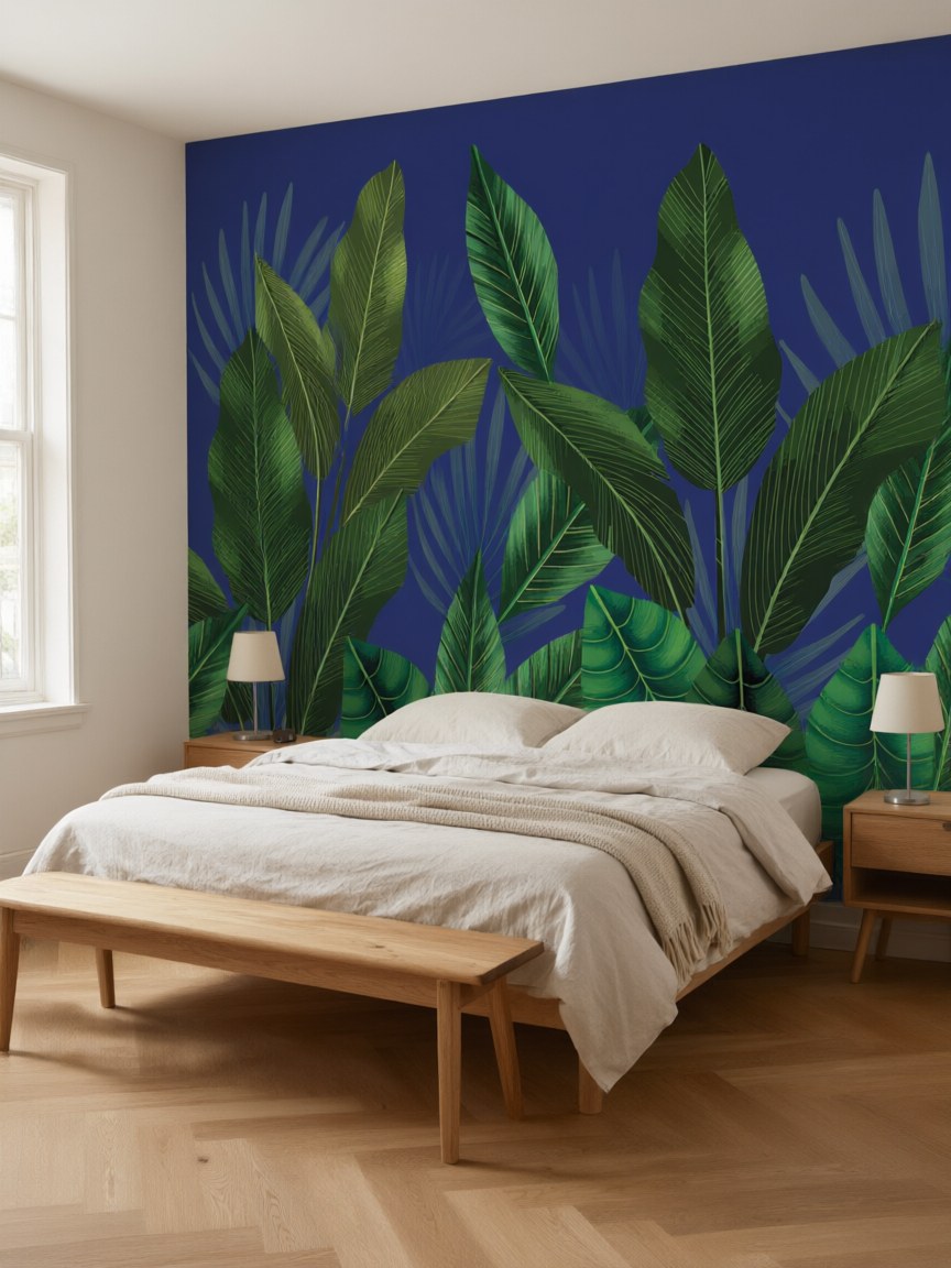 Papier peint panoramique Feuilles tropicales posé au mur, vue 3