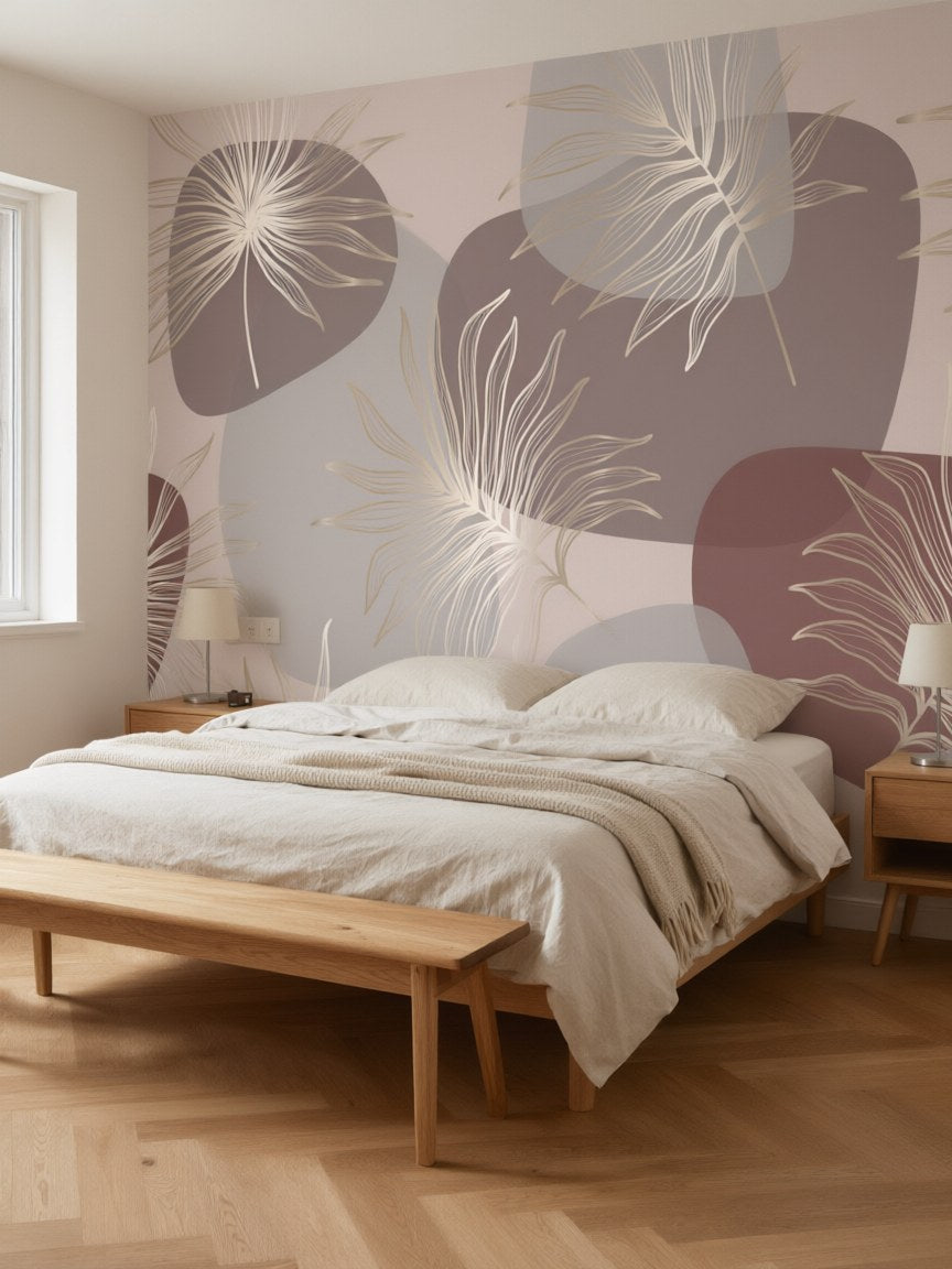 Papier peint panoramique Galets et plumes posé dans une chambre