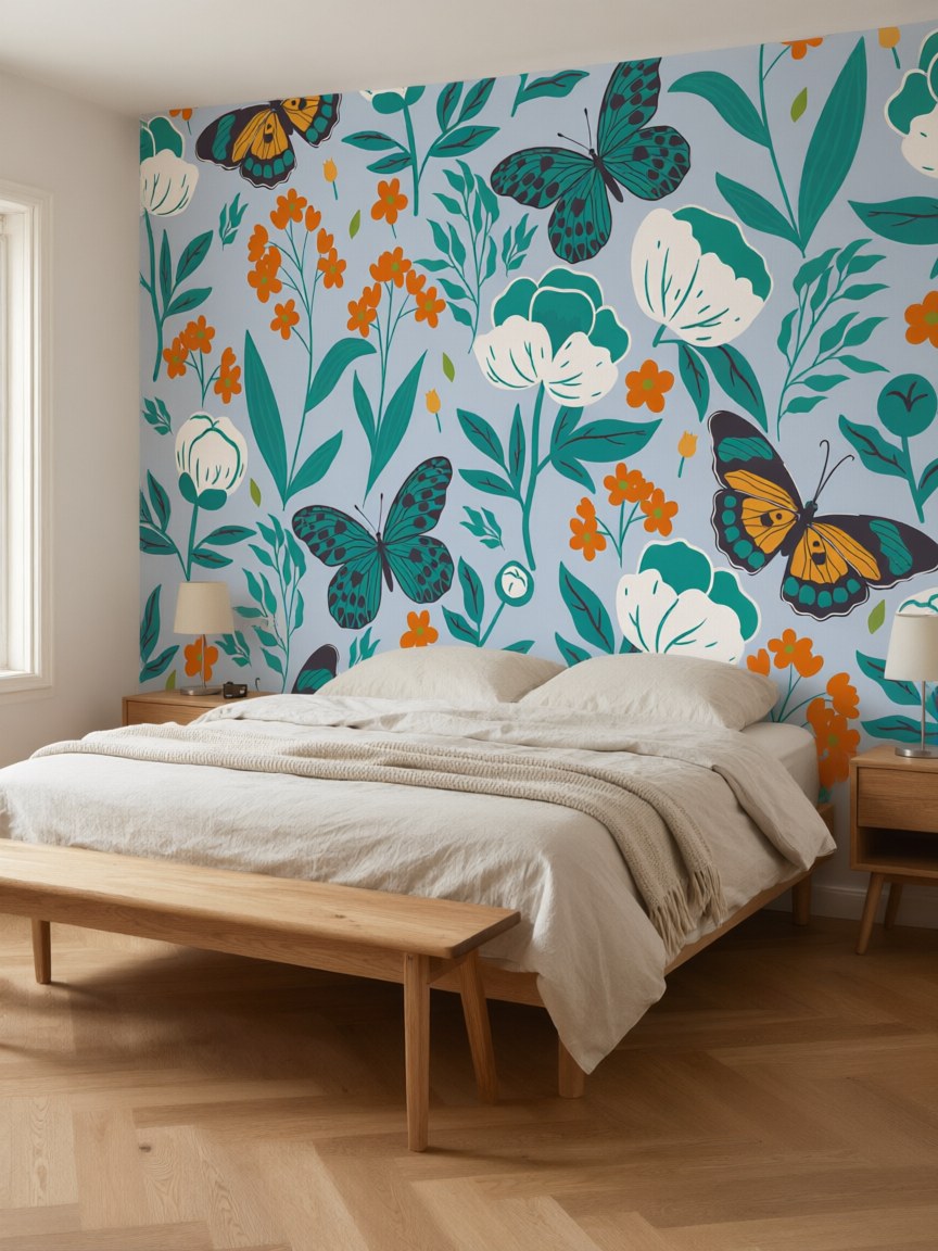 Papier peint panoramique Papillons et fleurs posé au mur, vue 3