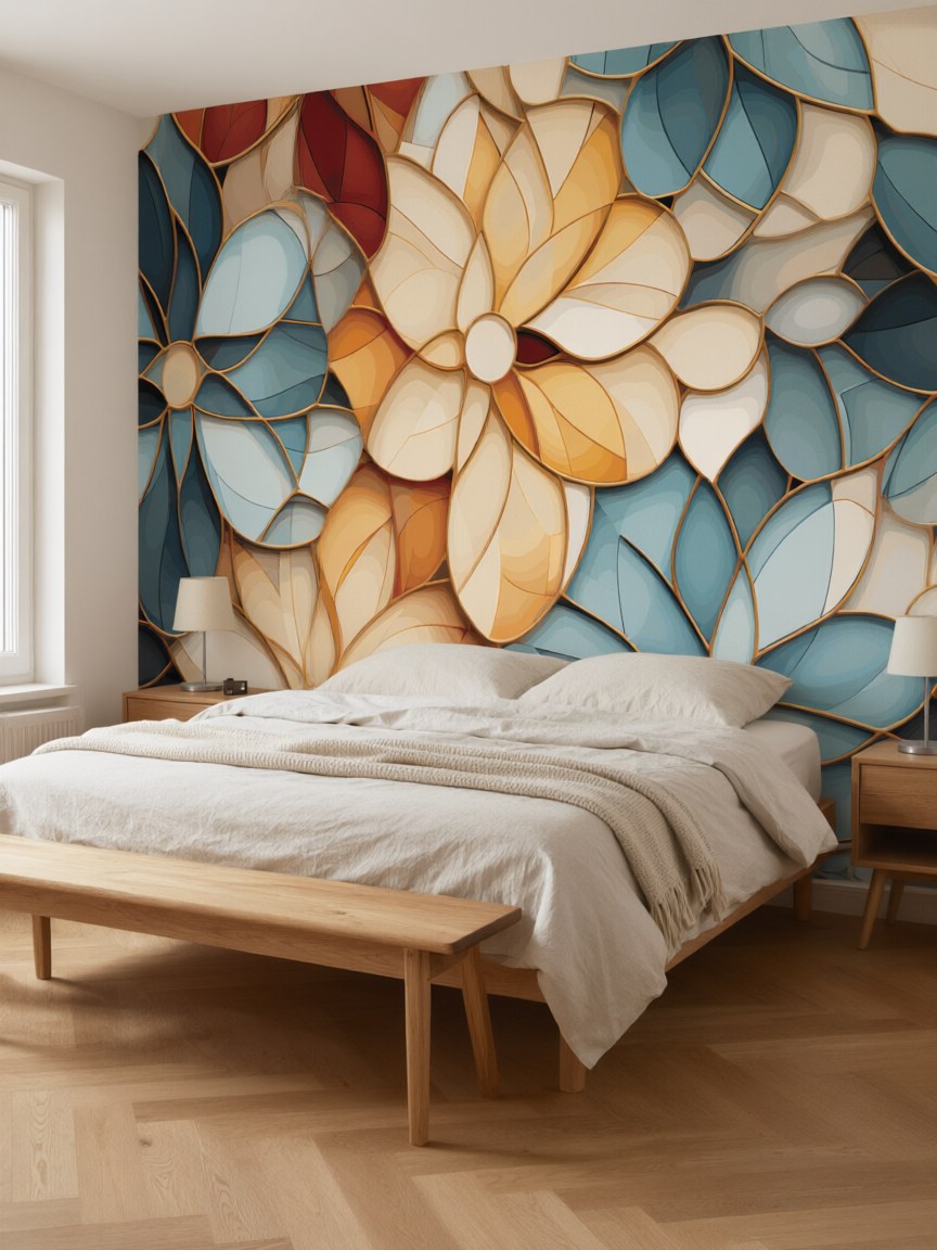 Papier peint panoramique Vitrail floral posé au mur, vue 3