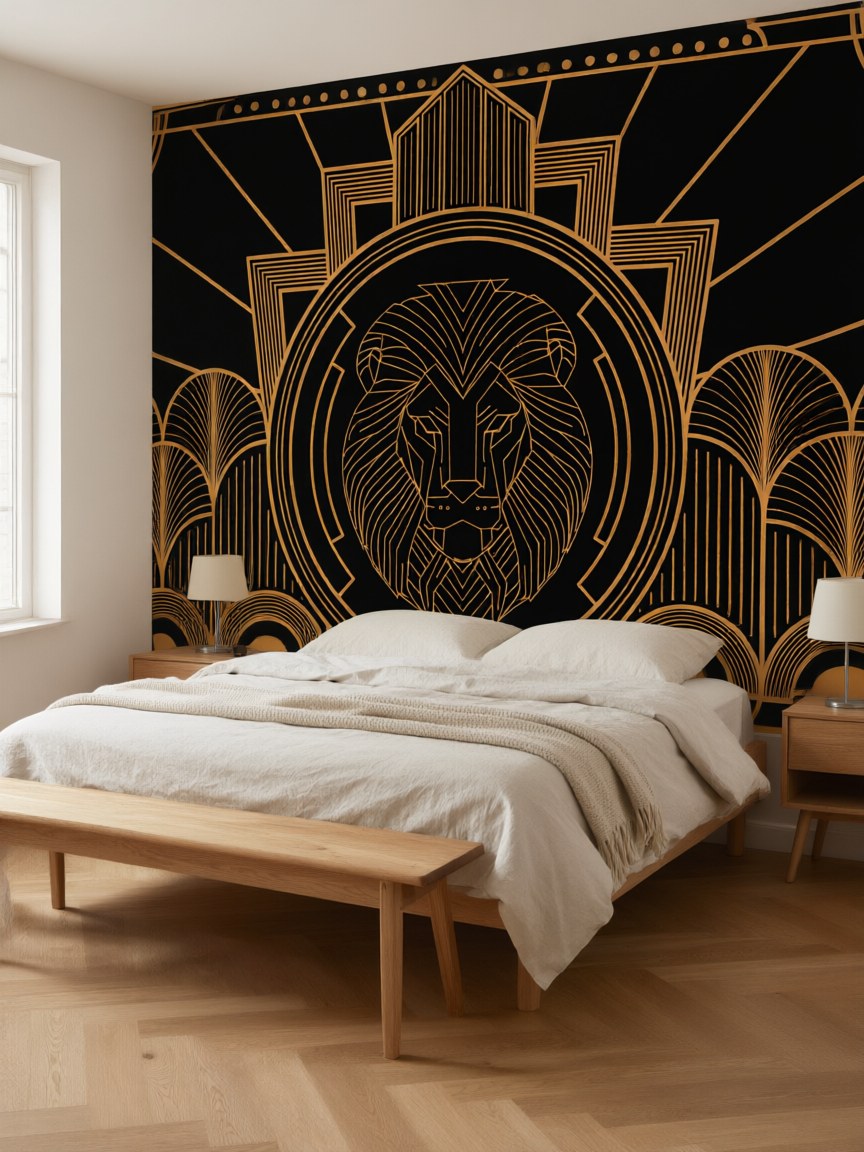Papier peint panoramique Lion Art déco posé au mur, vue 3