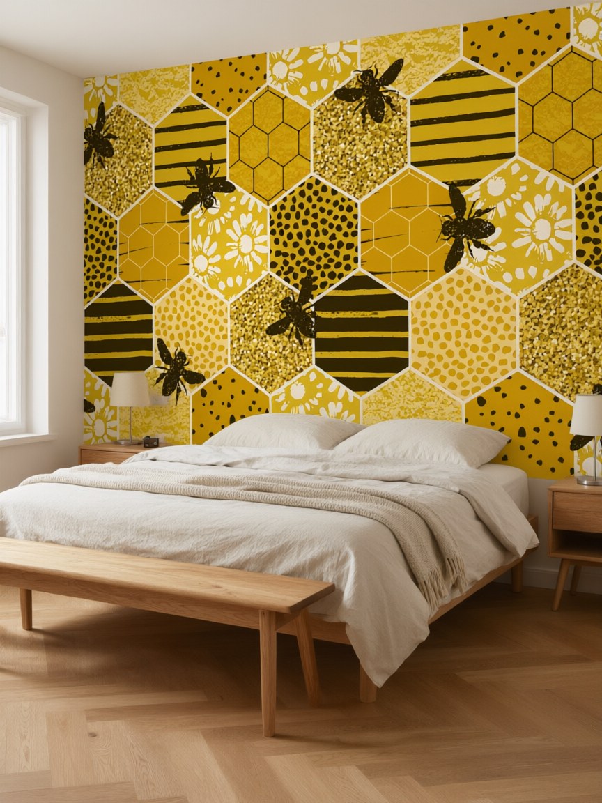 Papier peint panoramique Nid d'abeille posé au mur, vue 3