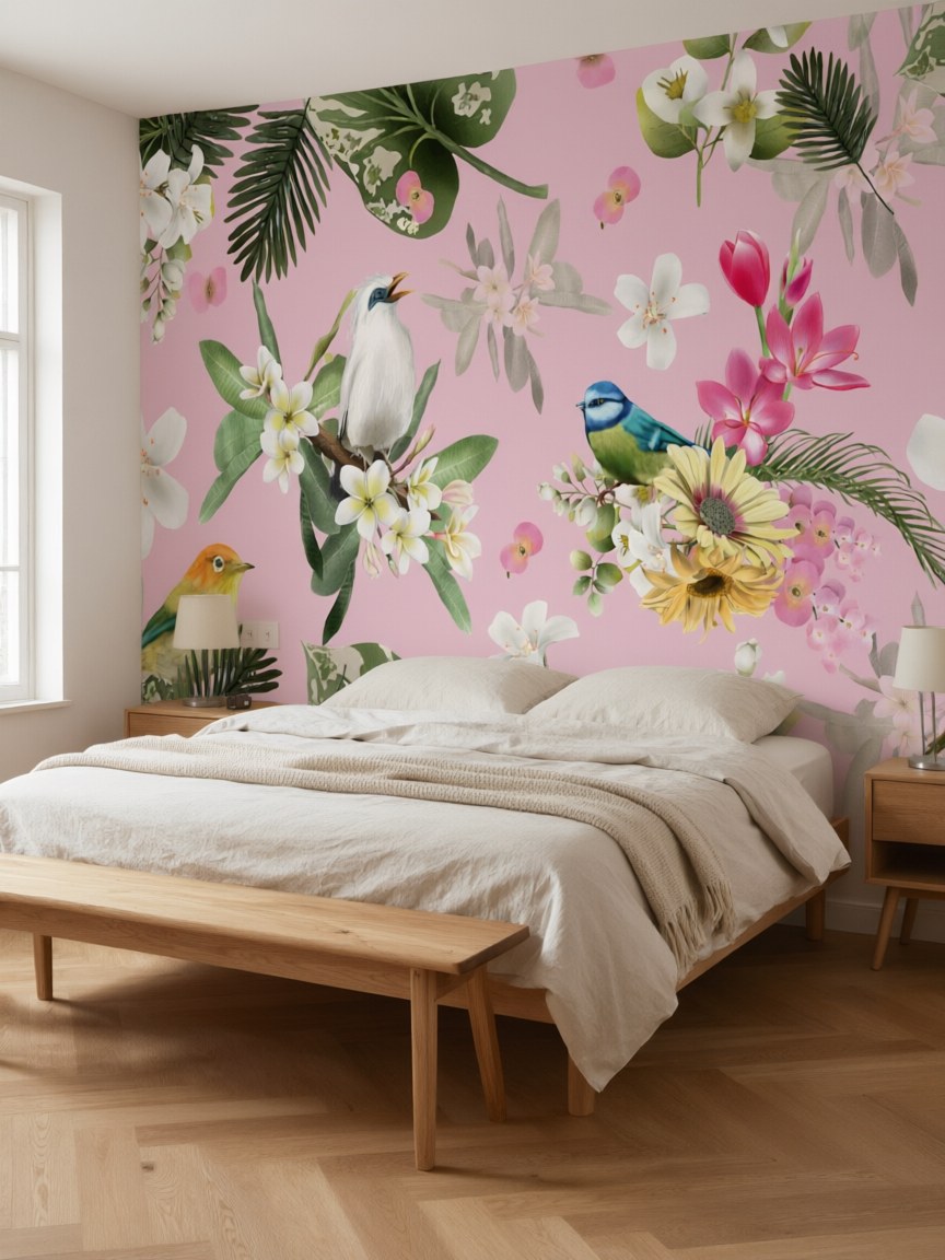 Papier peint panoramique Oiseaux exotiques posé au mur, vue 3