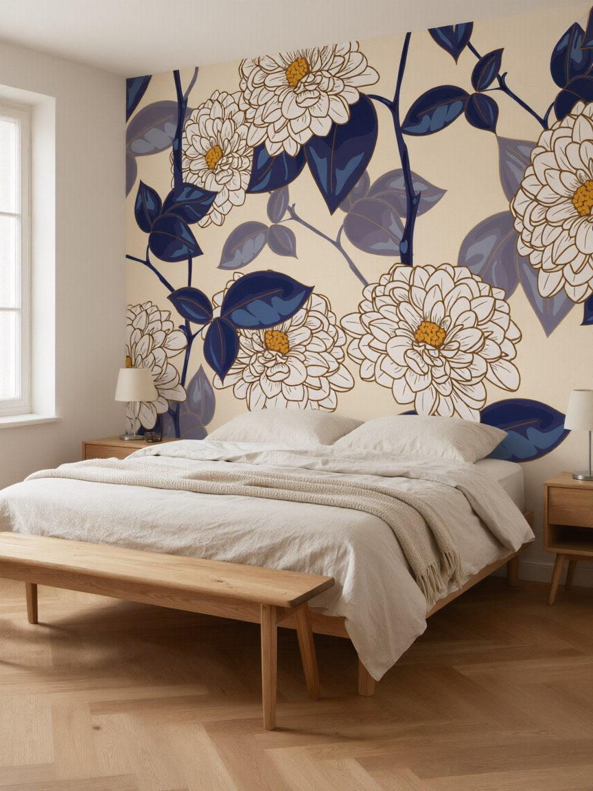Papier peint panoramique Chrysanthèmes posé au mur, vue 3