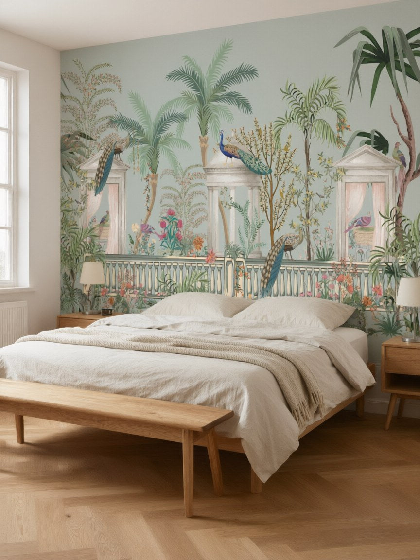 Papier peint panoramique Paons au jardin posé au mur, vue 3