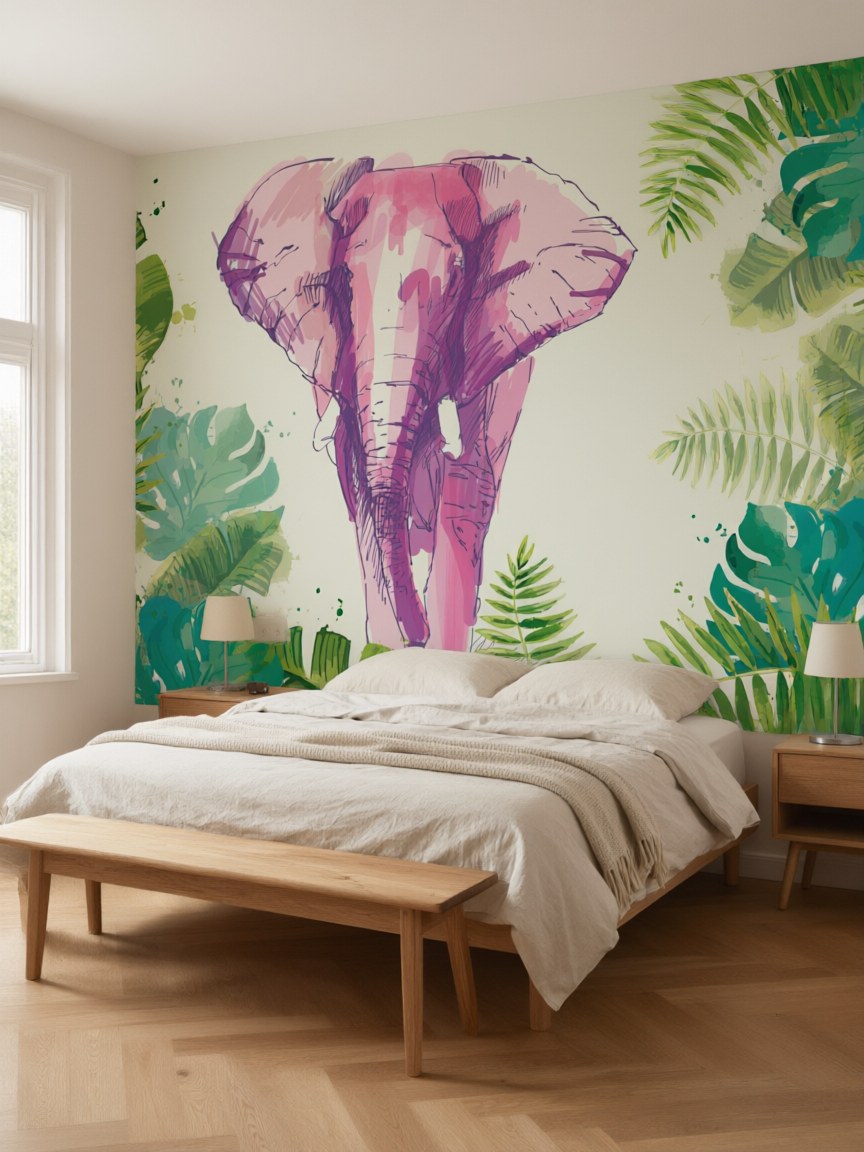 Papier peint panoramique Éléphant dans la jungle posé dans une chambre