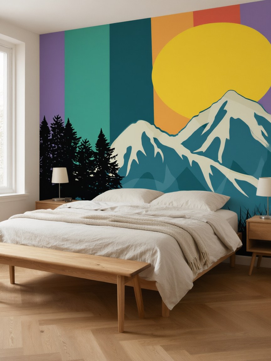 Papier peint panoramique montagne rétro posé au mur, vue 4