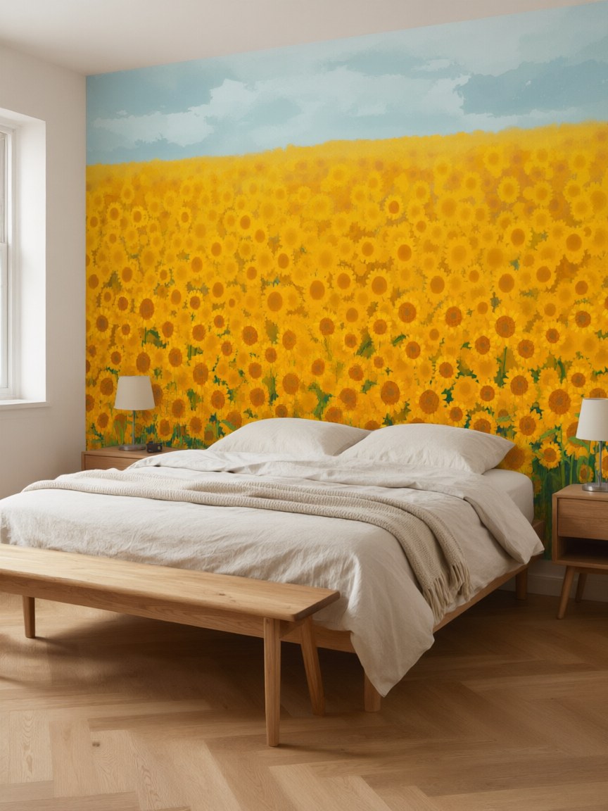 Papier peint panoramique Champ de tournesols posé au mur, vue 3