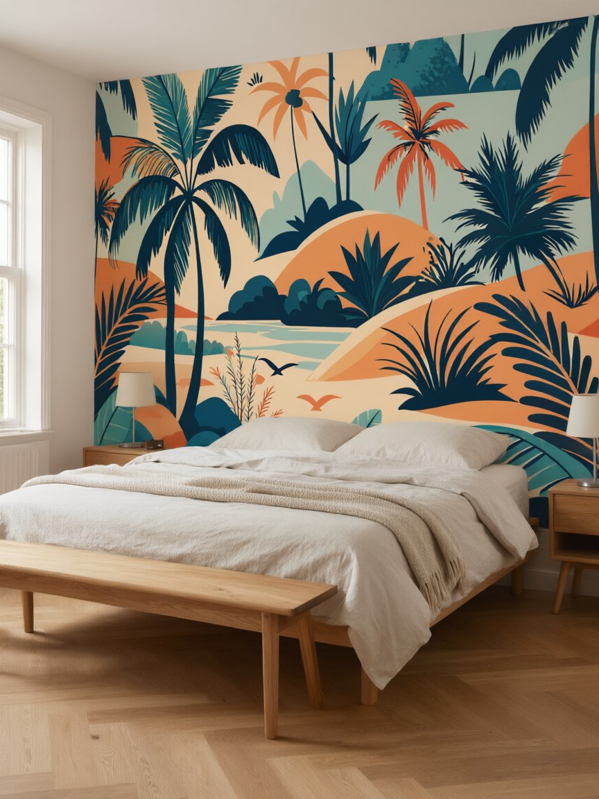 Papier peint panoramique Rêve de palmiers posé au mur, vue 3