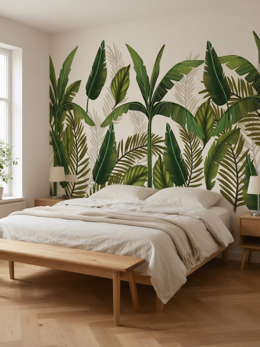 Papier peint panoramique Feuilles de bananier posé au mur, vue 3