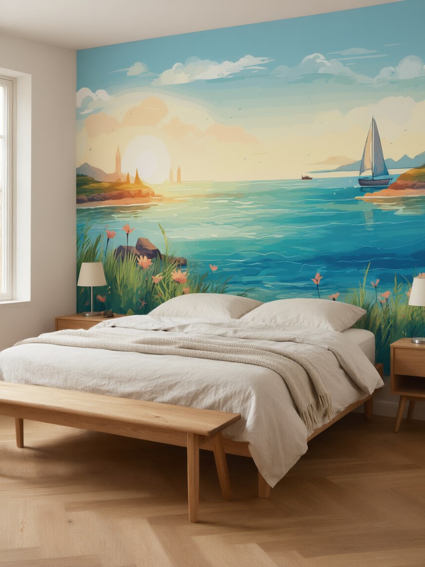 Papier peint panoramique Mer et voilier posé au mur, vue 3