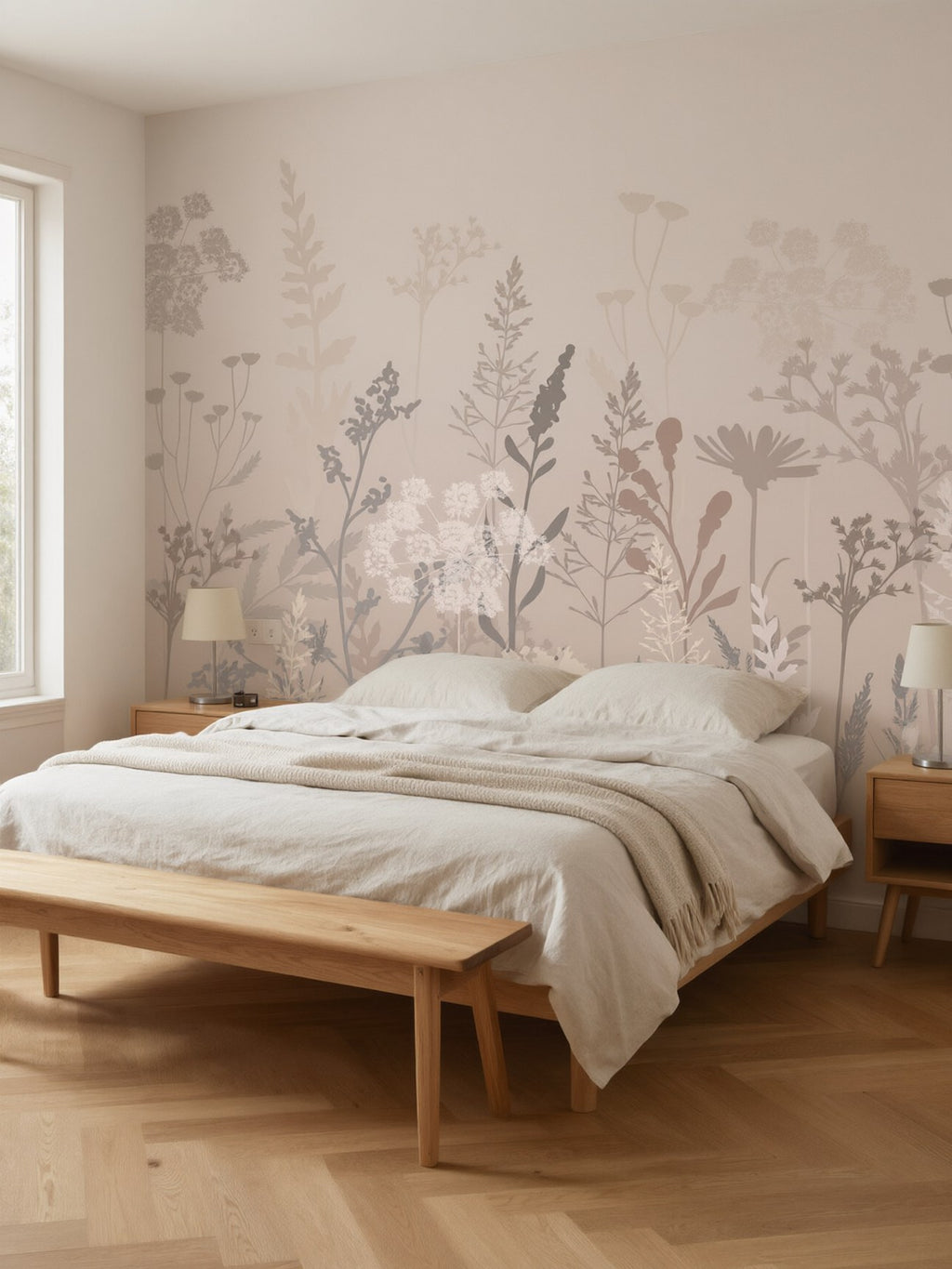 Papier peint panoramique prairie beige dans la brume posé dans une chambre