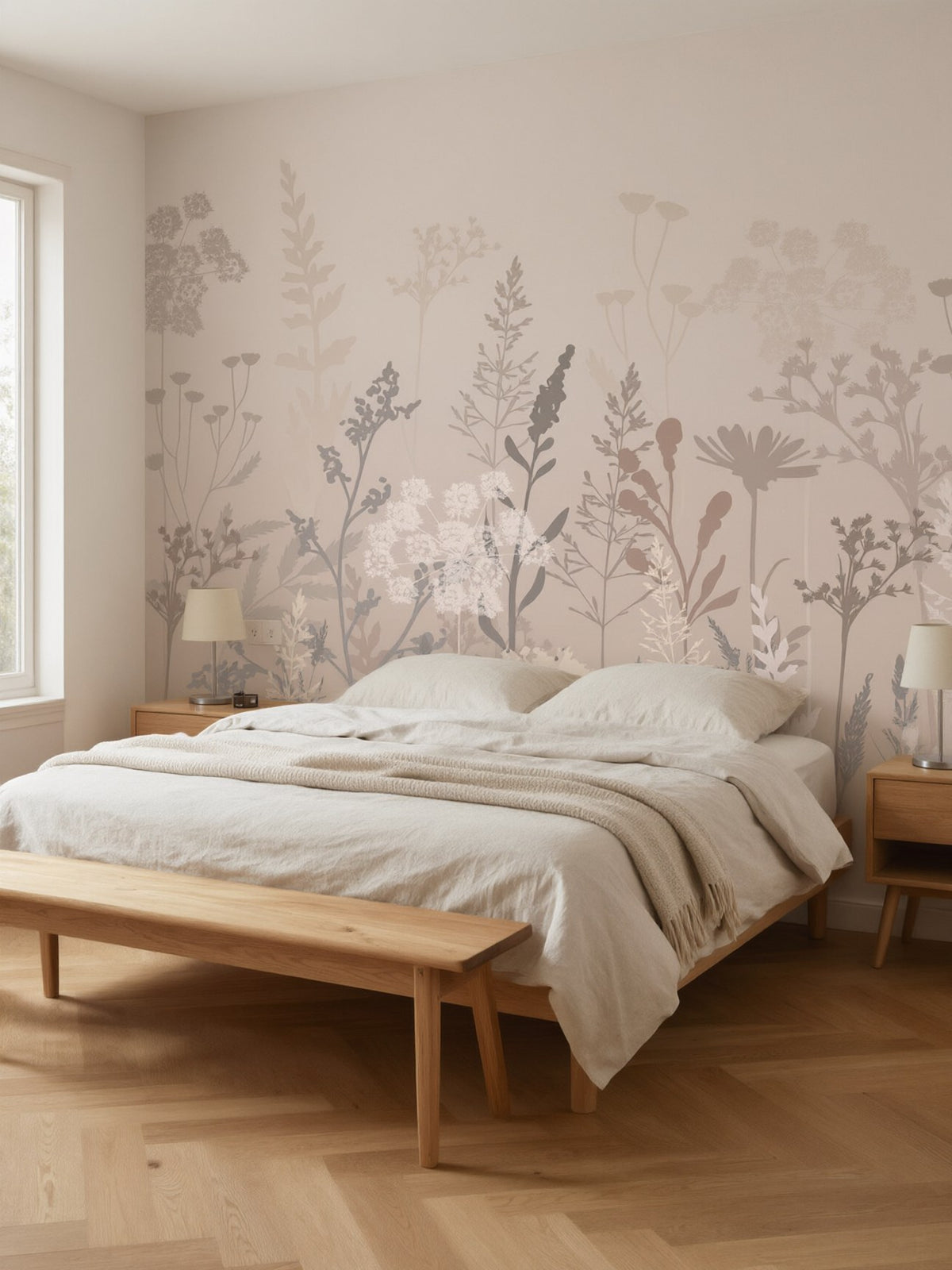 Papier peint panoramique prairie beige dans la brume posé dans une chambre