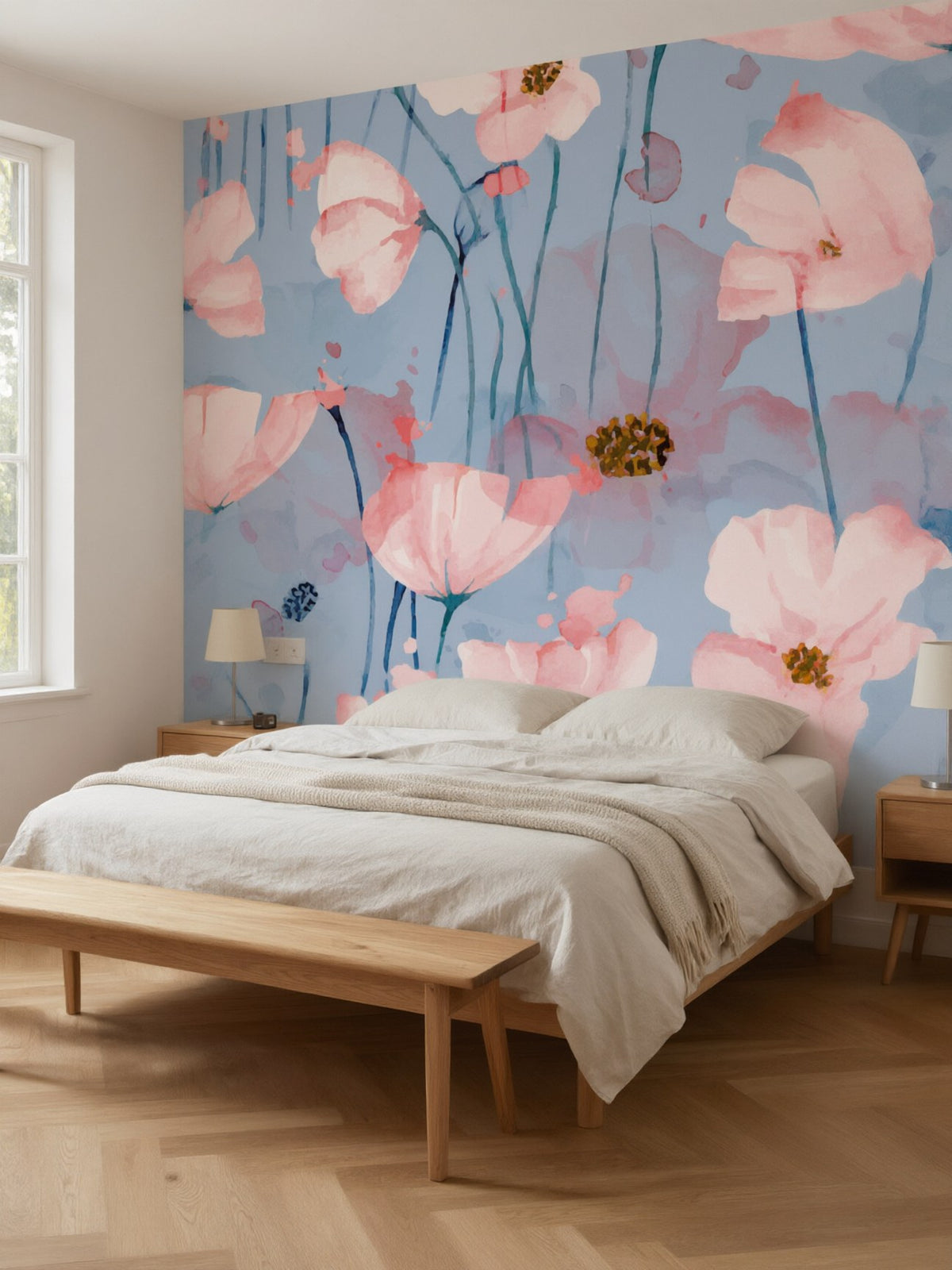 Papier peint panoramique aquarelle sur fond bleu posé dans une chambre